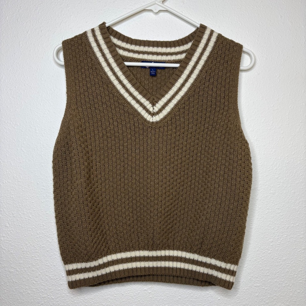 Preppy Tennis Sweater Vest V-Neck Large Brown Academia